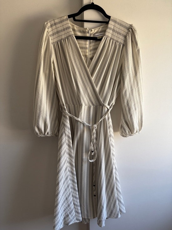 Calvin Klein Dresses & Skirts - Calvin Klein White and Gray Striped Midi Wrap Dress